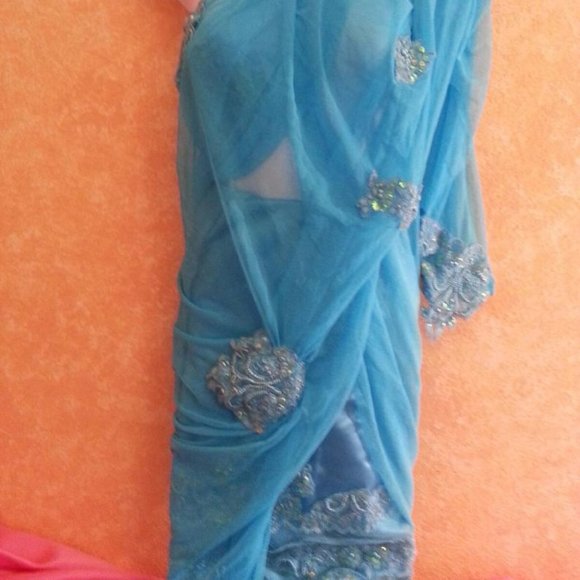 Custom Order Turquoise Lace Net Wedding Saree - Picture 8 of 8